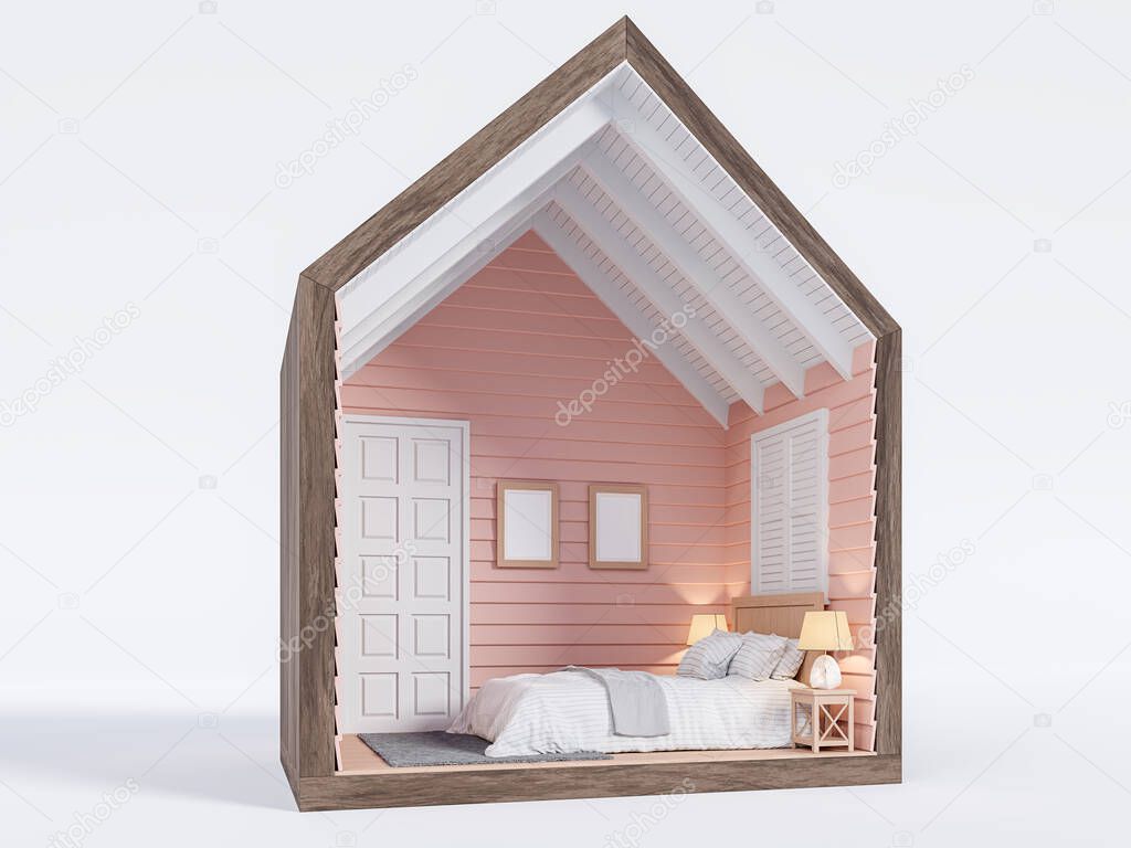 Section of small house with pink bedroom 3d render decorate with white bed