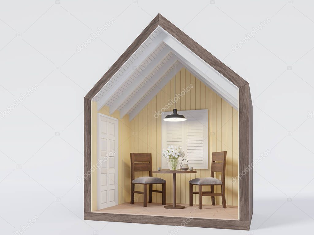 Section of small house with yellow dining room 3d render decorate with wooden furniture isolated on white background