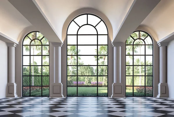 Klasik tarz boş oda içi bahçe manzaralı 3D render 3D