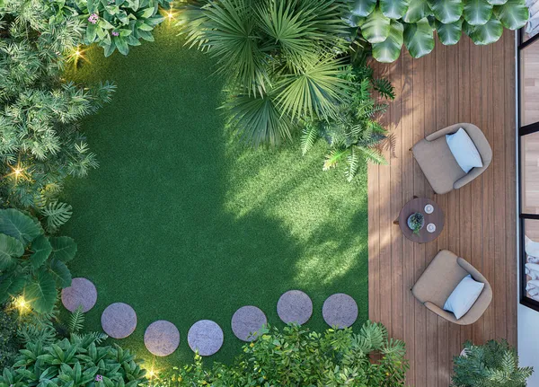 热带式绿色花园顶景木制平台3D渲染 — 图库照片