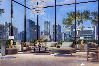 Metropolis manzaralı modern oturma odası. Arka plan 3 boyutlu. Odaların beyaz mermer döşemeleri var.