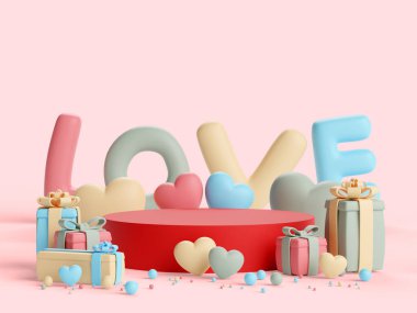 Valentine concept cartoon style red display podium surrounded with cute object on pink background 3d render