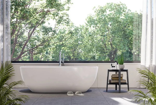 Modern Style Bathroom Blurry Nature View Background Render White Room — Stockfoto