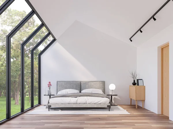 Minimalt Soveværelse Med Udsigt Naturen Gøre Trægulv Hvide Vægge Dekoreret - Stock-foto