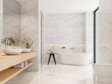 Beyaz mermer kaplı, ahşap tezgahla dekore edilmiş modern lüks banyo.