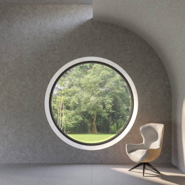 Çember şekilli, 3D döşemeli, cilalı beton zeminli modern çatı katı tarzı oturma odası. Gri kumaş mobilyalarla süslenmiş doğal manzara. Güneş ışığını odaya getir.
