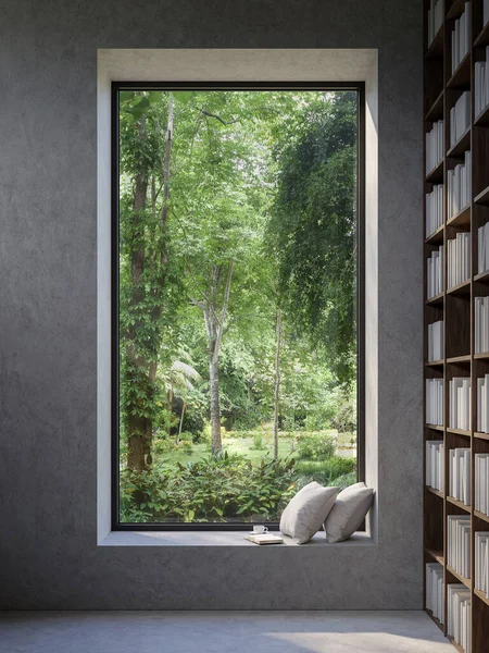 Reading corner by the window with nature view 3d render there are concrete wall decorated with wooden bookshelves