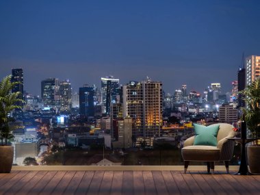 Modern modern stil ahşap teras. Gece manzaralı. 3D, lüks kumaş sandalyeler ve palmiye ağaçları ile süslenmiş.