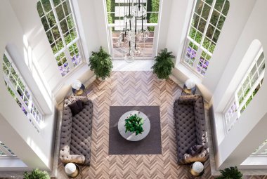 Modern klasik tarzda oturma odasının en üst manzarası yeşil bahçe 3D görüntüsüyle çevrili, oda ahşap zeminli. Zarif kahverengi kumaş koltuklarla süslenmiş. Doğaya bakan kemerli pencereler