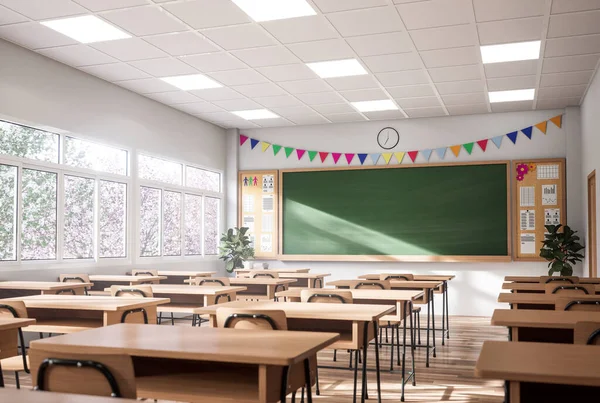 Modern stil sınıf sabah 3D rengarenk, beyaz duvarlar ve ahşap zemin, ahşap masa ve sandalyeler ile süslenmiş, doğal manzaraya bakan geniş pencereler.