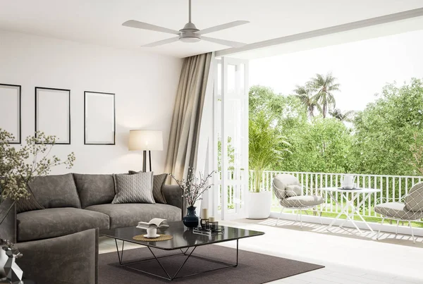 Modern Living Room Render Decorate Brown Fabric Sofa Large Open — Stock Fotó