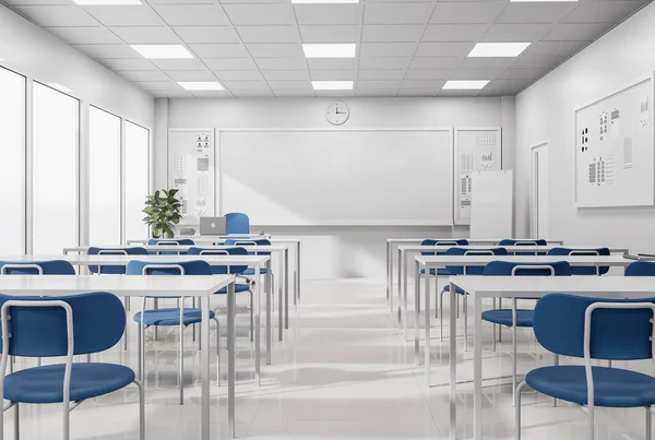 Minimal Style Modern White Classroom Render Decorated White Tables Blue — Stockfoto