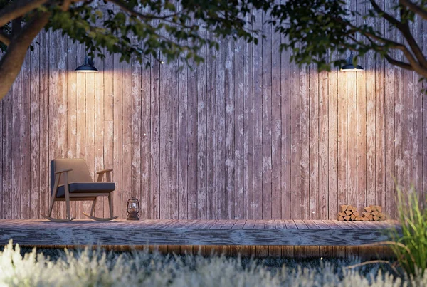 Cabin House Empty Old Wooden Wall Terrace Evening Render Surrounded — Fotografia de Stock