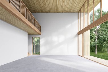 Modern çağdaş boş salon, açık sürgülü kapı manzaralı oda beton zemin, tahta tavanlar ve fotokopi alanı için boş beyaz duvarlar, güneş ışığı odaya giriyor..