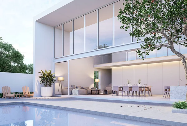 Swimming pool terrace with living room and dining room in modern style white house background 3D render In the evening, turn on the lights inside the building,decorated with gray furniture