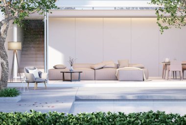 Yüzme havuzu terası olan modern tarz beyaz ev. 3D dekore edilmiş. Oturma odası ve yemek odası arka planında gri kumaş mobilyalar var.