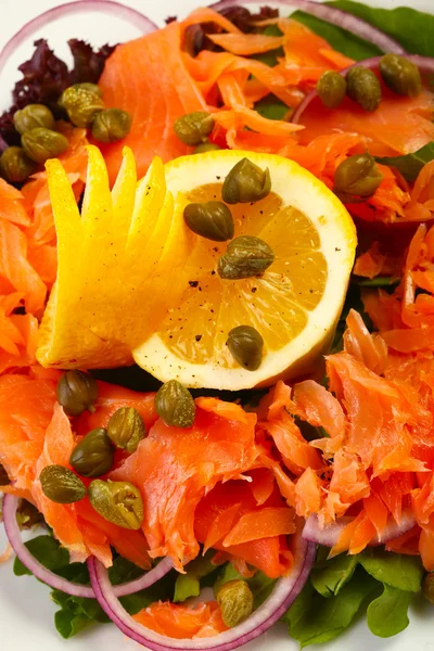 Salmon salad in restaurant — Stock Photo, Image