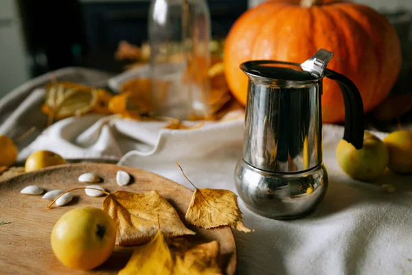Composition Pumpkin Apples Old Coffee Kettle Autumn Leaves Kitchen Table — Stock Photo, Image