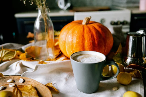 Layout Pumpkin Autumn Leaves Kitchen Table Coffee — Stock Photo, Image