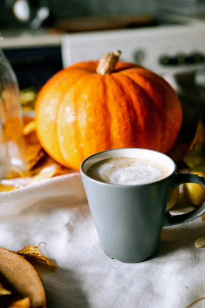 Layout Pumpkin Autumn Leaves Kitchen Table Coffee — Stock Photo, Image