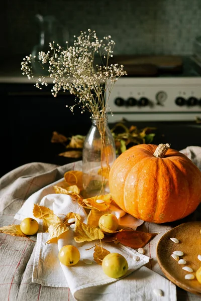 Composition Pumpkin Apples Dry Flowers Vase Autumn Leaves Kitchen Table — Stock Photo, Image