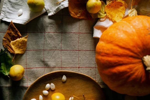 Composition Pumpkin Apples Candle Autumn Leaves Kitchen Table Close View — Stock Photo, Image