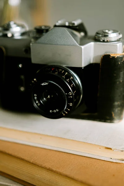 Vintage Old Soviet Photo Camera Books Light Background Close View — Stock Photo, Image