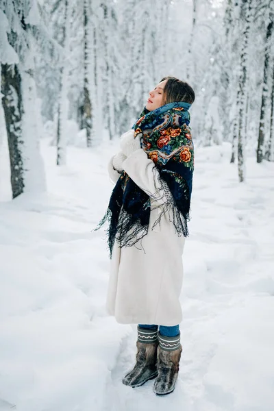 Русская Красивая Девушка Зимнем Лесу Стоковое Фото