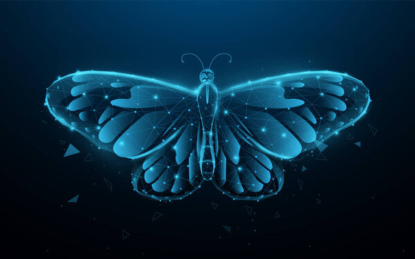 Бабочка. Низкая линия полигона, треугольники и дизайн в стиле частиц. Абстрактная геометрическая конструкция светового соединения. Векторная иллюстрация