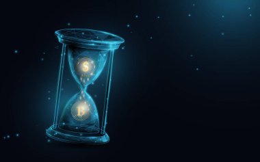 Dolar ve kripto para değişimi. Kum saati. Düşük çokgen çizgisi, üçgenler ve parçacık stili tasarımı. Soyut geometrik kablo ışık bağlantı yapısı. Vektör illüstrasyonu