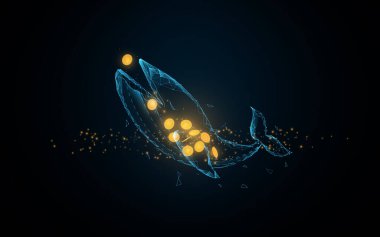 Balina Bitcoin yiyor, kripto para birimi. Düşük çokgen çizgisi, üçgenler ve parçacık stili tasarımı. Soyut geometrik kablo ışık bağlantı yapısı. Vektör illüstrasyonu
