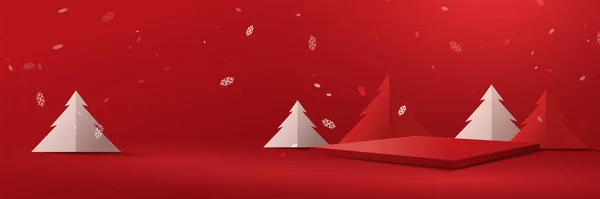 Röd Produkt Geometrisk Display Mockup Vinter Xmas Jul Bakgrund — Stock vektor