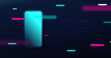Soyut devre kartı ve geometrik neon çizgileri ile 3d Smartphone Mockup arka planda parlıyor