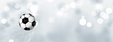 Futbol topu kalede. Beyaz bulanık bokeh ışık efekti arka planında futbol oynuyor. Futbol golü. Vektör illüstrasyonu