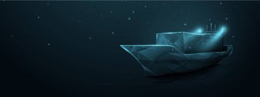 Okyanustaki konteyner kargo gemisi. Lojistik ve ulaşım. 3 Boyutlu Düşük Çokgen, Wirefram Biçimi