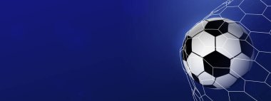 Futbol topu kalede. Mavi arka planda kalede futbol. Futbol golü. Vektör illüstrasyonu
