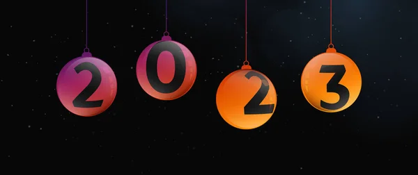 新年快乐2023年 色彩斑斓的圣诞舞会挂在黑暗的背景上 矢量说明 — 图库矢量图片