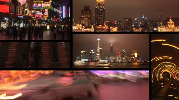 Shanghai, Kína-éjjel, montázs — Stock videók