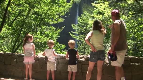 Family looking at waterfall — Stock Video