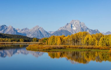 Grand Teton Ulusal Parkı Wyoming 'de sonbaharda manzara yansıması.