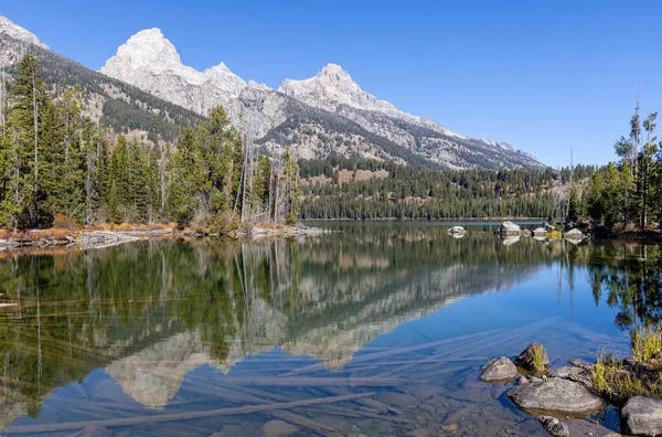 Scenic Reflection Landscape Tetons Taggart Lake Autumn — 스톡 사진