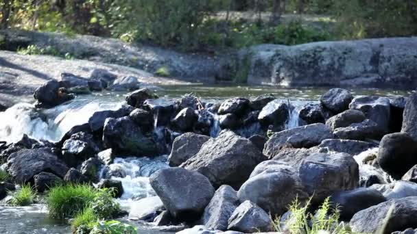 Stenen op de rivier het is groot met kleine watervallen — Stockvideo