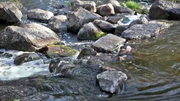 L'eau de la rivière coule dans un tas de pierres .