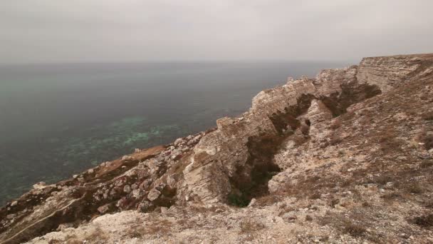 Скеля з морем і травою. Пейзаж — стокове відео