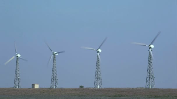 Cuatro trabajando en los campos aerogeneradores — Vídeos de Stock