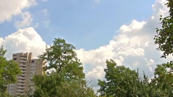 Облака над зданием и деревьями. Временной интервал — стоковое видео