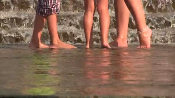 Female and children's feet in water — Stock Video