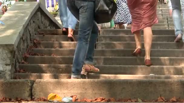 Füße laufen die Treppen verschiedener Menschen hinauf — Stockvideo