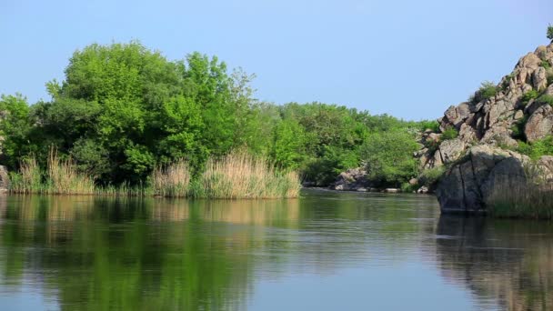 La roca sobre el río plano. Paisaje — Vídeos de Stock