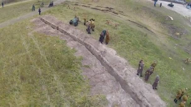 Reconstruction of military scene period 1943 year WW2 in Ukraine. Aerial scene5. — Stock Video